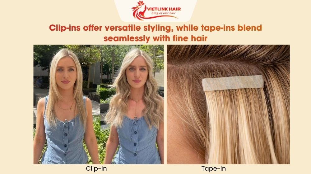 Clip-ins offer versatile styling, while tape-ins blend seamlessly with fine hair.