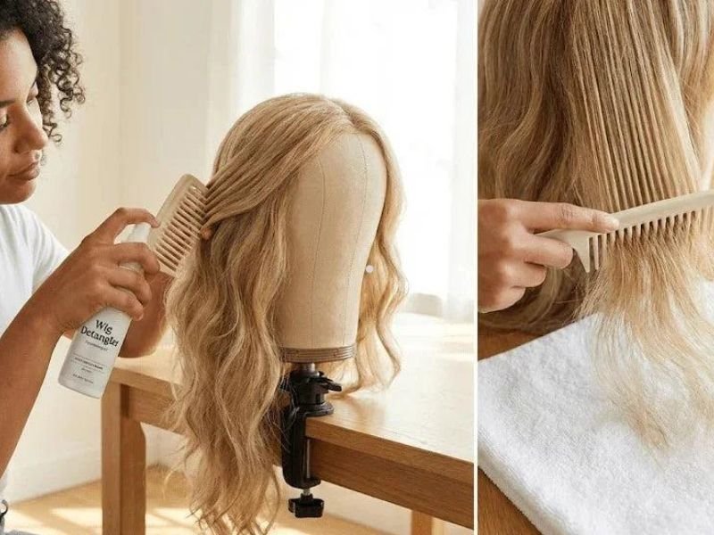 Detangle the dry wig gently from the ends toward the roots.