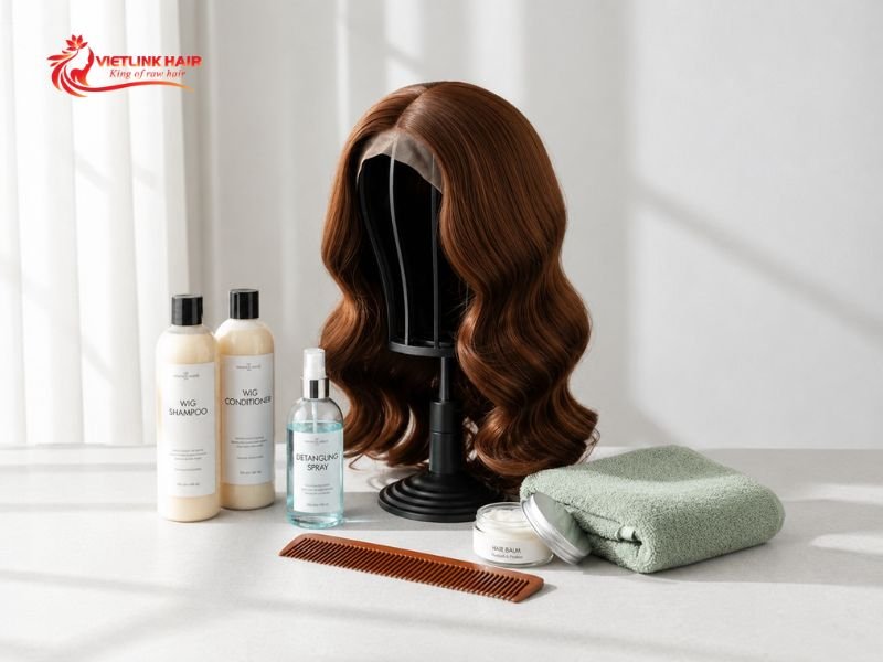 Prepare a comb, wig-safe shampoo, conditioner, towel, and wig stand.