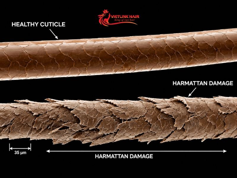 Healthy cuticle scales lie flat, while damaged ones lift or break.