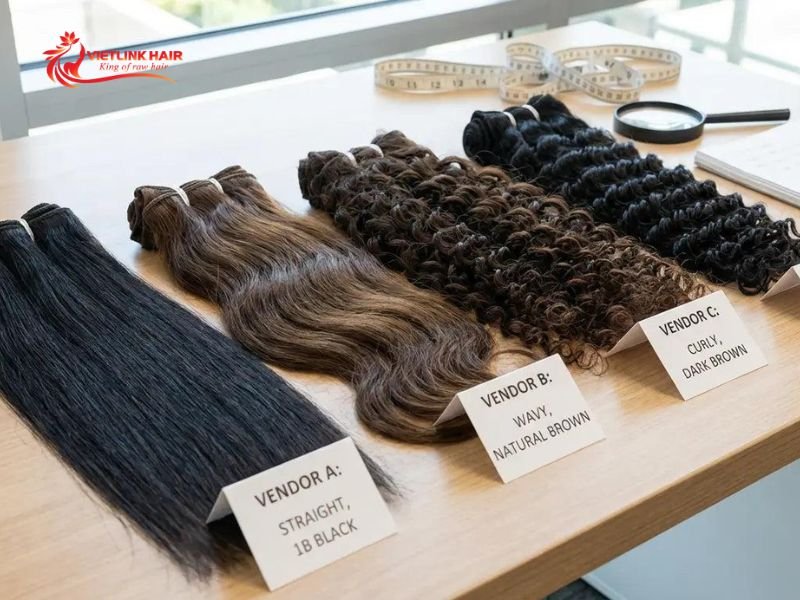 Compare texture, length, color, and fullness before approving a sample.